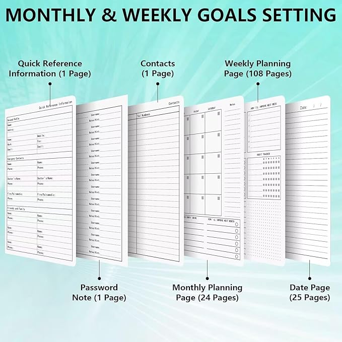 BLESWIN A5 Undated Planner, Undated Weekly Monthly Planner 5.7”x8.5”, Leather Weekly & Monthly Planner Undated, Organizer Planner for Work or Personal Use with Elastic Closure, Pen Loop, Stickers