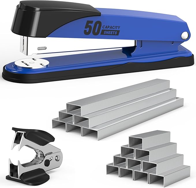 Metal Stapler Heavy Duty 50 Sheet Capacity with 1750 Staples and Staple Remover, Blue Stapler Full Strip Staplers for Desk, No Jam, Non-Slip Office Stapler with Staples for Office & Classroom, Blue