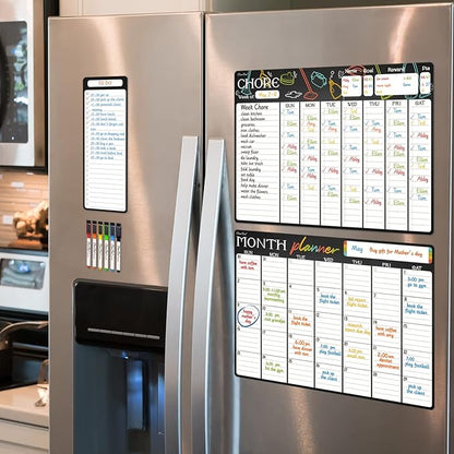 Magnetic Dry Erase Chore Chart & Monthly Planner - 17x12 Chore Chart & Monthly Calendar - 4"x12" List Pad - 6 Extra Fine Point Markers Included - Shipped Flat