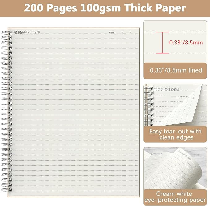 A4 Lined Spiral Notebook, 2 Pack Large Spiral Journal for Writing, 200 Pages 100gsm Thick Lined Paper Notebooks for Work, Class, Taking Notes, Drawing - Kraft Brown Cover, 8.5" x 11"