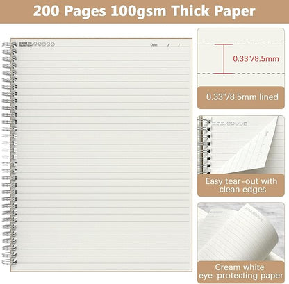A4 Lined Spiral Notebook, 2 Pack Large Spiral Journal for Writing, 200 Pages 100gsm Thick Lined Paper Notebooks for Work, Class, Taking Notes, Drawing - Kraft Brown Cover, 8.5" x 11"