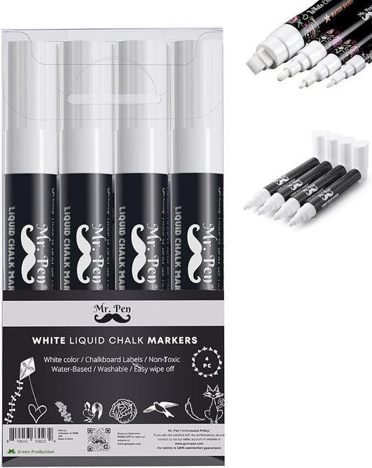 Mr. Pen- White Chalk Markers, 4 Pack, Dual Tip, 8 Assorted Colors, For Non-Porous Surfaces, Reversible Chisel and Bullet Tip