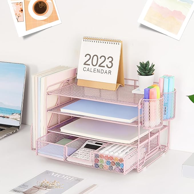 Desk Organizers and Accessories, Desk Accessories & Workspace Organizers for Office Supplies, File Organizer Desk Drawer Organizer with 2 Pen Holders, 4 Tier Paper Organizer for Desk(Rose Pink)