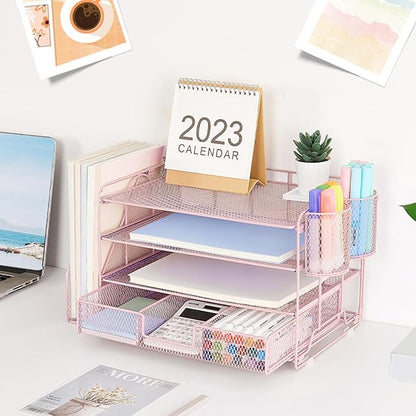 Desk Organizers and Accessories, Desk Accessories & Workspace Organizers for Office Supplies, File Organizer Desk Drawer Organizer with 2 Pen Holders, 4 Tier Paper Organizer for Desk(Rose Pink)