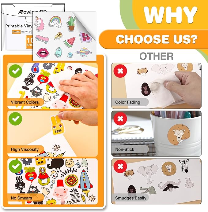 100 PCS Sticker Paper for Inkjet Printer，Printable Vinyl Sticker Paper Dries Quickly Vivid Colors，8.5"x11" Tear Resistant Printable Vinyl，Glossy White,Inkjet & Laser Printer