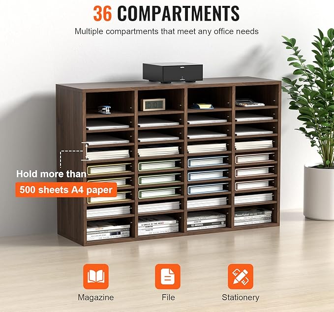 VEVOR Literature Organizer, 36 Compartments Office Mailbox with Adjustable Shelves, Wooden Mailbox Sorter Medium Density Fiberboard Office Home Classroom Storage for Files, Documents, Papers, Grey