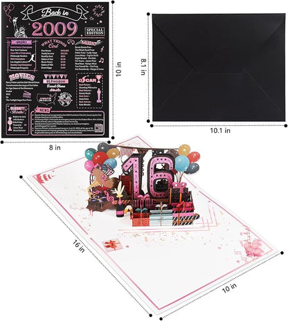 16th Birthday Card for Girls Her, Jumbo 3D Pop Up Sweet 16th Birthday Gifts Cards, Back In 2009 Happy 16 Year Old Birthday Decorations Cards Card for Daughter Granddaughter, Rose Gold