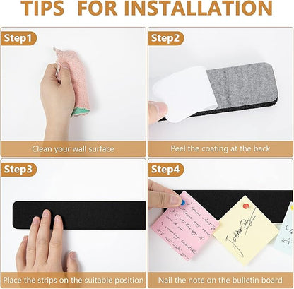 5 Pack Felt Pin Board Bar Strips Bulletin Board for Bedrooms Offices Home Wall Decoration, Notice Board Self Adhesive Cork Board with 35 Push Pins for Paste Notes, Photos, Schedules (Black)