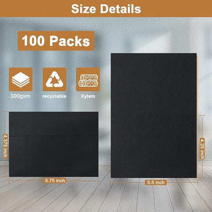100 Packs Black Blank Greeting Cards and Envelopes 4.25 x 5.5 Heavyweight Folded Cardstock and Printable A2 Envelopes Self Seal for Wedding Invitations, Thank You Cards, Festival blessings
