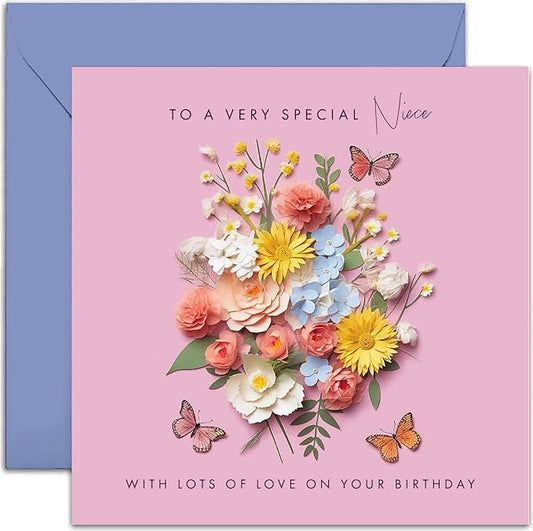 Old English Co. Special Niece Birthday Card for Her - Pink Flower Butterfly Artwork Birthday Card for Niece from Aunt Uncle - Cute Niece Birthday Card | Blank Inside Envelope