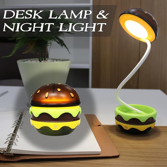 Cute Desk Lamp for Kids, Hamburger Small Boy Desk Lamps Rechargeable with Dimmable Touch Adjustable Neck,Kawaii Desk Lamp Night Light,Boy Desk Accessories Kawaii Room Decor for Boys Girl Gift