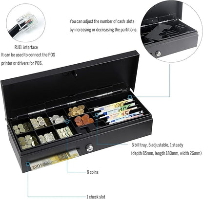HONEY BEAR Flip-top Cash Drawer with 8 Coins & 6 Bills for POS System Receipt/Thermal Printer,with RJ11 Interface 12V/24V