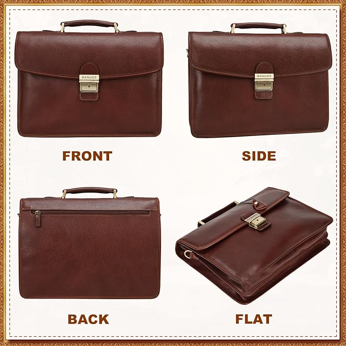 Banuce Slim Vintage Full Grain Italian Leather Briefcase for Men with Lock 14 Inch Laptop Bag Business Work Bags Attache Case Brown
