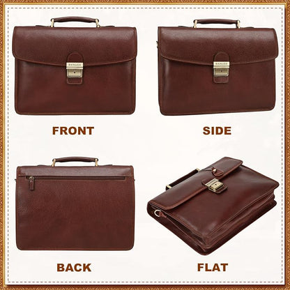 Banuce Slim Vintage Full Grain Italian Leather Briefcase for Men with Lock 14 Inch Laptop Bag Business Work Bags Attache Case Brown
