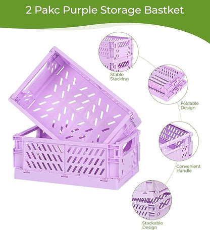 2-Pack Small Pastel Plastic Storage Baskets, Collapsible Crates for Organizing, Space-Saving Mini Bins for Classroom, Kitchen, Office, Bedroom (Purple, 9.8" x 6.5" x 3.8")