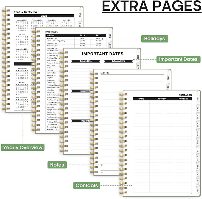 2026 Planner, Weekly and Monthly Calendar Planner, January 2026 - December 2026, Hardcover 2026 Calendar Planner Book with Tabs For Women & Men, Inner Pocket, Spiral Bound, Perfect for Office Home School Supplies - A5 (6.3" x 8.5"), Green
