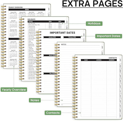 2026 Planner, Weekly and Monthly Calendar Planner, January 2026 - December 2026, Hardcover 2026 Calendar Planner Book with Tabs For Women & Men, Inner Pocket, Spiral Bound, Perfect for Office Home School Supplies - A5 (6.3" x 8.5"), Green