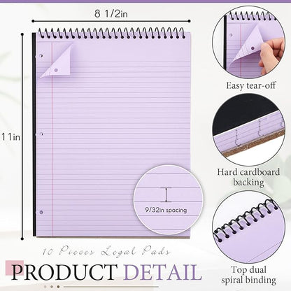 10 Pcs Legal Pads 3 Hole Punched Top Bound Spiral Notebook Tear Line for Easy Removal 8.5 x 11 in Hard Cardboard Paper College Ruled Notepad Spiral Note Pad for Office School (Multicolor)