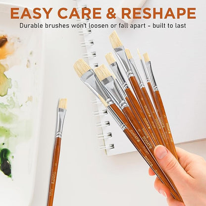 10pcs White Hog Hair Artist Paint Brush Set by DUGATO Perfect for Acrylic Oil Gouache Watercolor, Painting Brushes Kit for Kids, Adults Fabulous for Canvas & Fabric