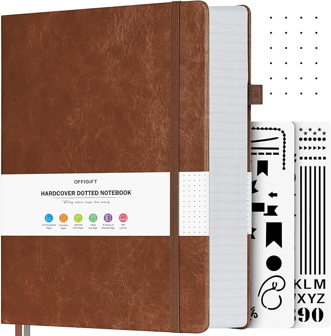 Bullet Dotted Journal, Large A4 Hardcover Leather Journal, 312 Numbered Pages Thick Journal, 100gsm No Bleed Paper Dot Grid Notebook for Women Men, 8.5'' × 11'', Brown