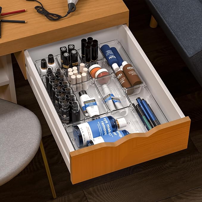 25 pc Clear Plastic Drawer Organizer Set,4 Size Small Storage Containers for Organizing Jewelry,Utensil,Junk,Tea,Makeup,Shallow Drawer Organizers Tray Suitable for Office,Desk,Bathroom,Vanity,Kitchen