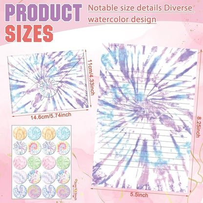 TaoBary 160 Packs Stationery Paper Set (50 Double Sided Stationery Writing Papers 50 Matching Envelopes) 60 Round Dot Sticker, 10 Design(Tie Dye,5.5 x 8.25 Inch)