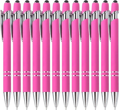 Ballpoint Pens with Stylus Tips，12 Pcs Pink Retractable Metal Stylus Pen for Touch Screens, 1.0 mm Black Ink