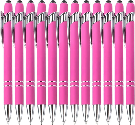 Ballpoint Pens with Stylus Tips，12 Pcs Pink Retractable Metal Stylus Pen for Touch Screens, 1.0 mm Black Ink