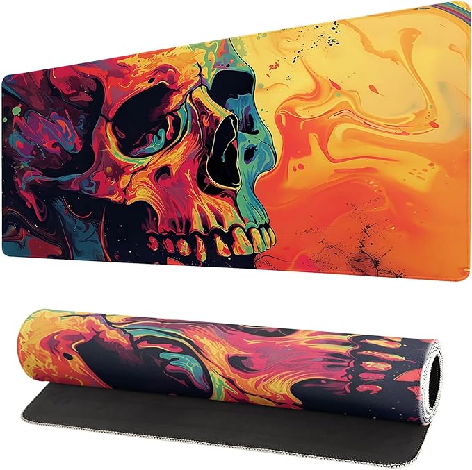 Gaming Mouse Pad Desk Pad,Extended Big Mouse Pad,31.5x11.8 Inch Long Computer Keyboard Mouse Mat Mousepad with 3mm Non-Slip Base and Stitched Edge for Gaming and Office… (Watercolor Skull)