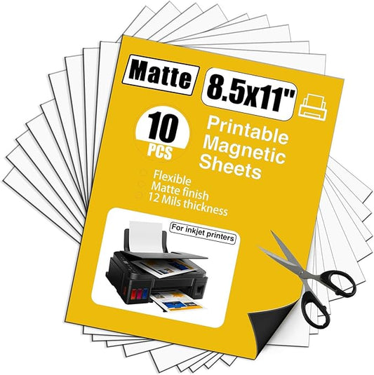 Printable Magnet Sheets Non Adhesive,8.5 X11 Inches for Inkjet Printers,10 Sheets Matte Cuttable Magnetic Paper,12mil Thickness DIY Flexible Magnet Photos