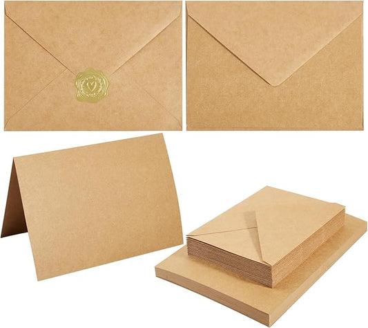 50 Pack Kraft A7 Envelopes with Cards 5x7 Thick Folded Cardstock and Gold Stickers for Greeting Cards, Wedding, Birthday, Invitations, Baby Showers (Kraft Paper, 5x7)