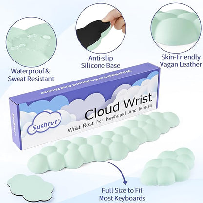 Cloud Wrist Rest Keyboard, Cloud Keyboard Wrist Pad Set with PU Leather Memory Foam, Cute Arm Rest for Palm Support, PC/Gaming Desk Accessories/Office Setup/Computer Hand Cushion-Light Green
