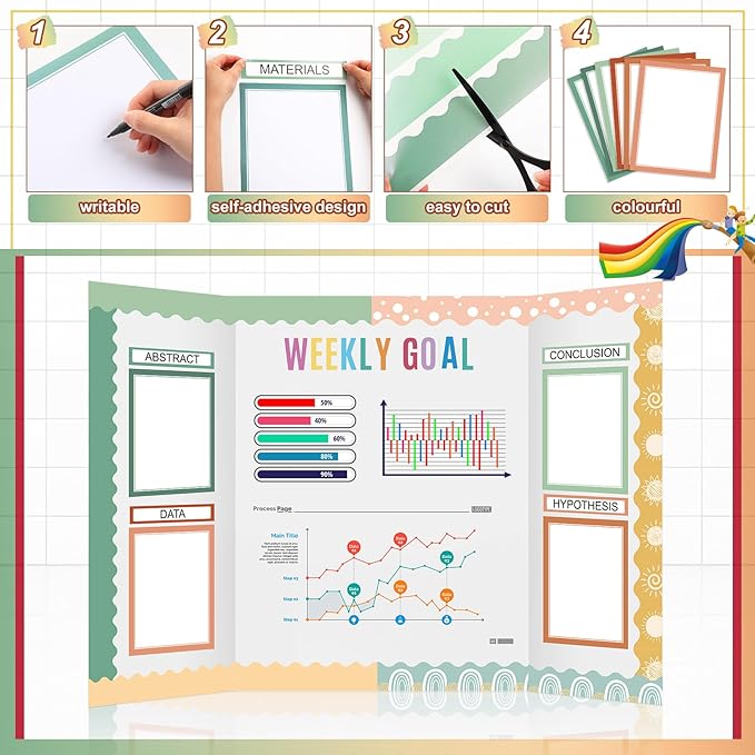 90 Pcs Science Fair Board Supplies 60 Trim Scalloped Bulletin Board Borders 24 Presentation Board Subtitles 6 Science Fair Titles for Classroom Display Boards(Geen Boho)