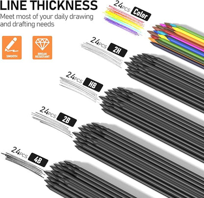 Four Candies 3PCS 2MM Mechanical Pencils with case, Artist Lead Pencil Metal Lead Holder with 120 Graphite Lead Refills(HB 2H 2B 4B Color), 4 Erasers, Sharpener, Drafting Pencil for Drawing, Sketching