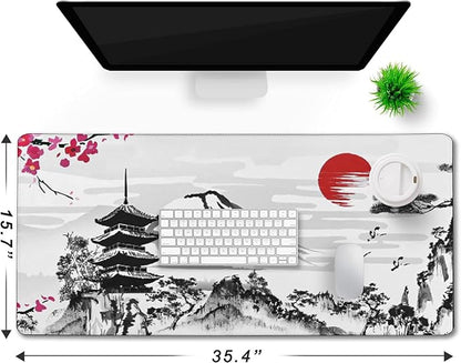 Japanese Landscape Large Mouse Pad, Large Extended Mouse Pad for Home Office Gaming Work 35.4x15.7 inch, Big Computer Mousepad Waterproof Non-Slip Rubber Mice Pads Stitched Edges