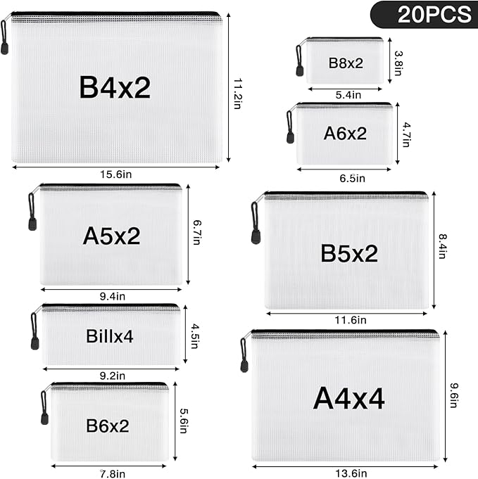 EOOUT 20pcs Mesh Zipper Pouch 8 Sizes Waterproof Zipper Bags, Plastic Travel Pouch for Board Game Travel Storage School Supplies Office Appliances Home Organize