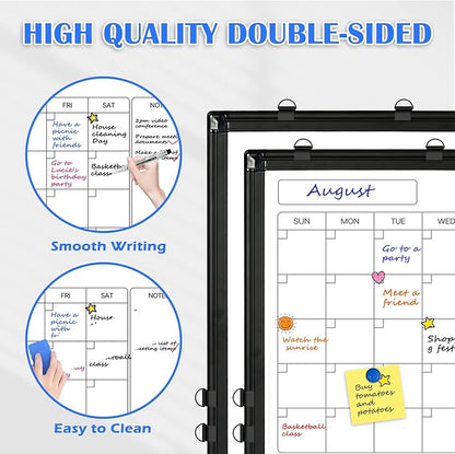 Monthly Calendar Dry Erase Whiteboard, 24" x 18" Magnetic Calendar White Board, Double-Sided Portable Board with Black Aluminium Frame for Office, Kitchen, School, Home