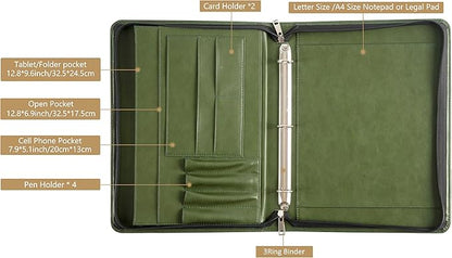 Free Engraved Name, 3 Ring Binder Padfolio, Vegan Leather Portfolio with a4 Clipboard, 3 Ring Padfolio A4 Organizer, Resume Planner, Green, Gift for Men/Women,Customized