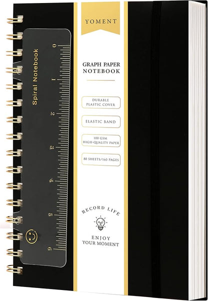 Yoment Graph Paper Spiral Notebook A5 Graphing Notebook 160 Pages Graph Paper Notebook Spiral Bound Waterproof Plastic Hardcover Spiral Journal 5x7 Grid Notebooks for Note Taking,Black