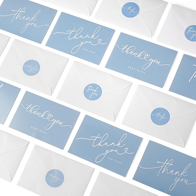 100 Bulk Light blue Thank You Cards with white Envelopes and stickers - 4 Minimalistic Designs Blank Thank You Notes with Envelopes for business Wedding Bridal Gift Baby Shower Business Graduation