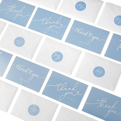 100 Bulk Light blue Thank You Cards with white Envelopes and stickers - 4 Minimalistic Designs Blank Thank You Notes with Envelopes for business Wedding Bridal Gift Baby Shower Business Graduation