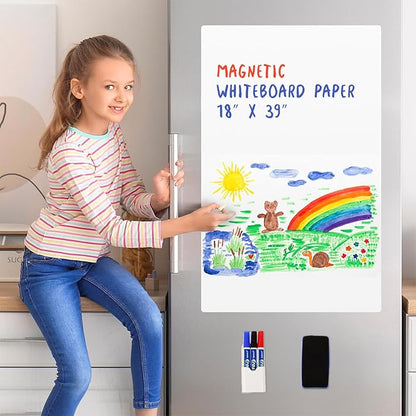 Magnetic Whiteboard Contact Paper, 18" x 39" Stick on Magnetic Dry Erase White Board Sticker on Wall, Easy to Write for Kids Drawing, School, Office, Kitchen Fridge