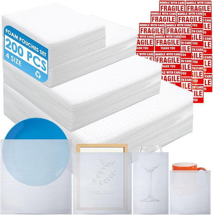 200Pack Cushion Foam Pouches wrap pouches dish packing kit(7.5"x7.5",7.5"x12",12"x12",14"x14") Packing Moving Supplies for Moving Fragile Items for Packing Storage and Shipping with50Fragile Stickers