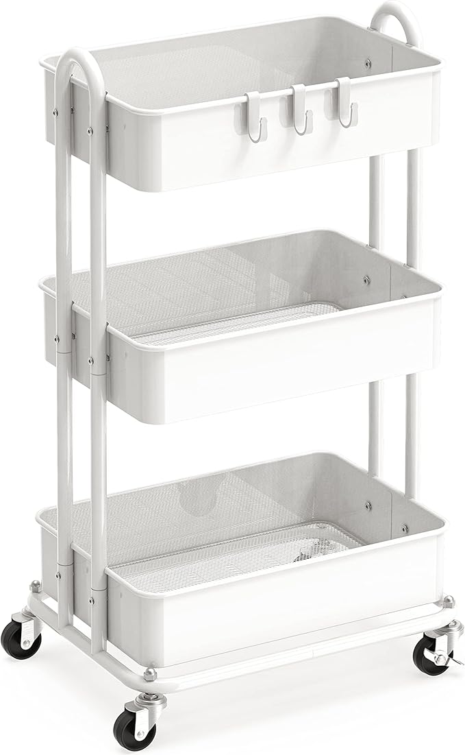 Simple Houseware Heavy Duty 3-Tier Metal Utility Rolling Cart, White
