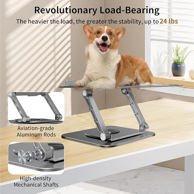Laptop Stand for Desk, 24 lbs Load, 360° Rotating, Magnetic Phone Holder, Fits 10-17.4'' Laptops, Grey