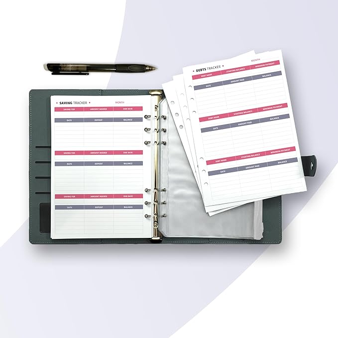 Budget Planner 12 Months Undated A5 Binder Pu Leather Hard Cover, Erasable Pen, Bill Organizer, Money Envelopes for Cash 12pcs Transparent Bags, Budget Binder with Silver Rings, Ideal Book Organizer