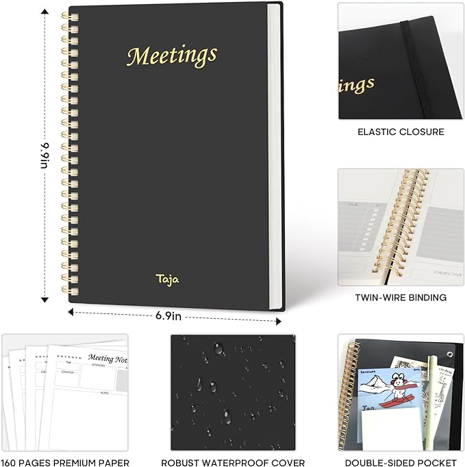 Meeting Notebook For Work Organization - Work Planner Notebook With Action Items, Agenda Planner For Note Taking, 160Pages (6.9" X 9.9") Project Planner For Men & Women - Black