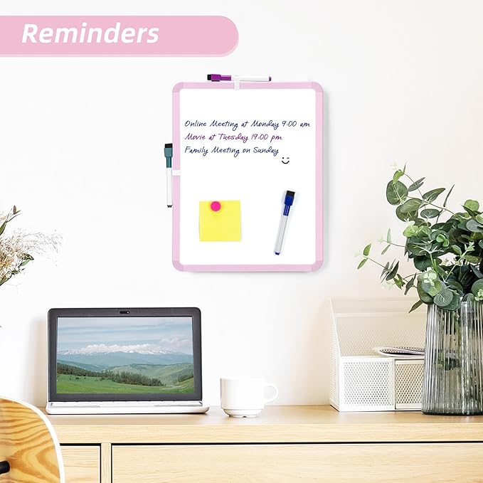 VUSIGN Small White Board Dry Erase, 14'' x 11'' Magnetic Dry Erase Board, Mini Whiteboard with Markers for Kids, Students, Fridge, Wall, Locker, Pink