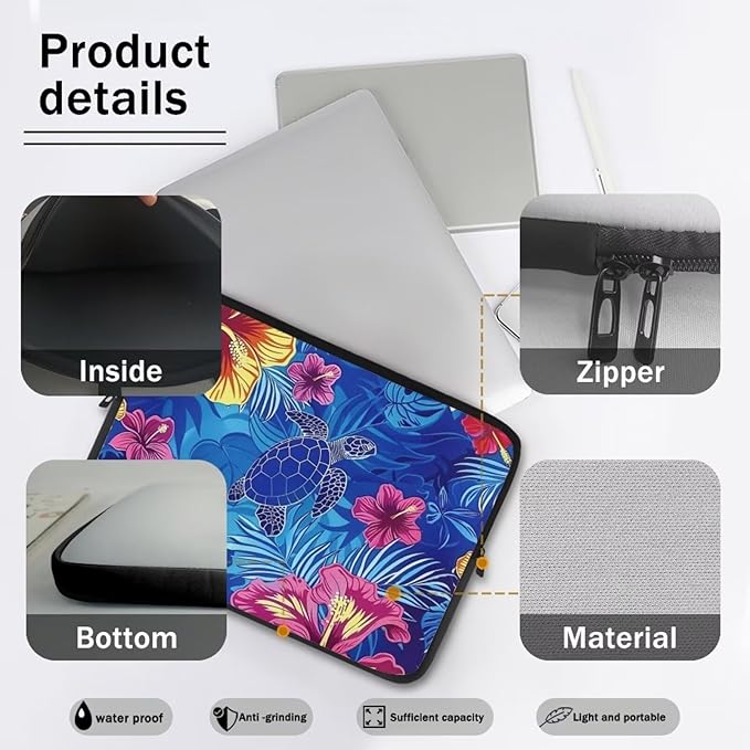 Sea Turtle Printed Laptop Briefcase for Women Men, Hibiscus Flower Printed 15 Inch Laptop Bag Messenger Bag Lightweight Laptop Case for Office Business Traveling Daily Use