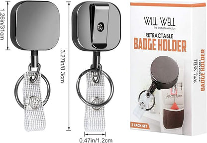 Will Well ID Badge Holder Reel with Clip and Keyring - Heavy-Duty All-Metal Casing with 23.6" UHMWPE Fiber Pull Cord for Easy Access, Holds up to 8 Keys - 2-Pack, Small Square, Glossy Black